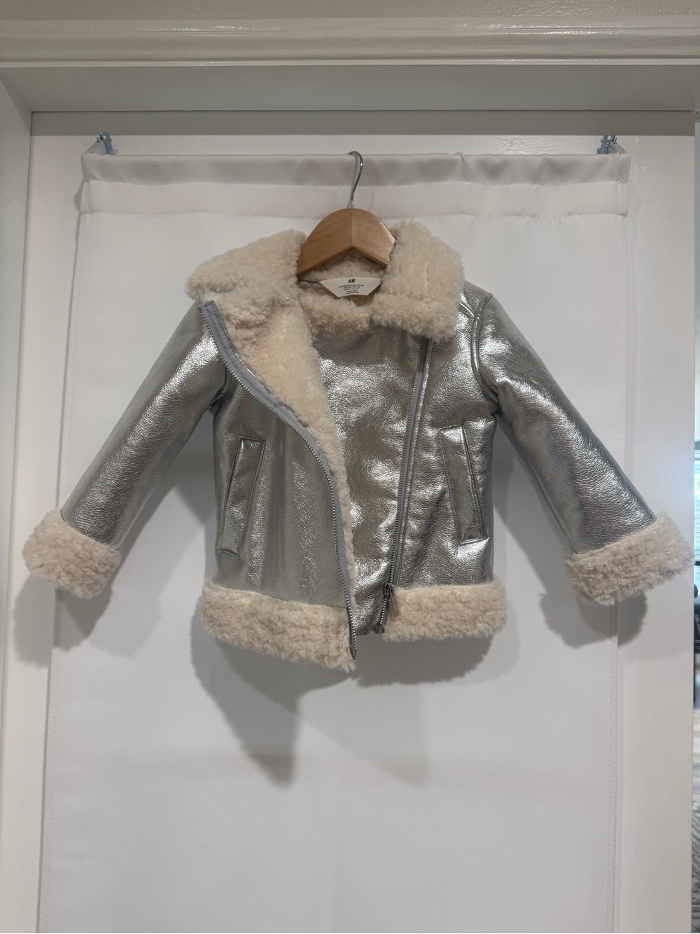 H&M Silver Metallic Faux Shearling Moto Jacket